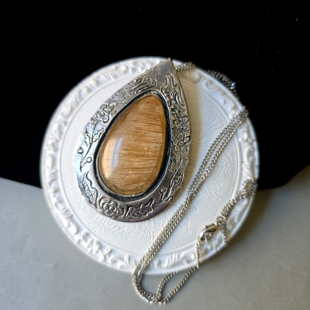 Vintage Golden Rutilated Quartz Teardrop Pewter Pendant Chain Necklace 18″L