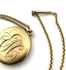Antique Victorian Gold Filled Paste Stone E.M. Monogram Locket Necklace 21 In