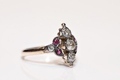 Antique Circa 1900s 8k Gold Natural Old Cut Diamond And Ruby Navette Ring