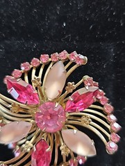 Vintage Prong Set Rhinestone Brooch Pin Pink Opalescent Cabochon Layered