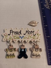 Cute ceramic ” Proud Mom ” Brooch And Small Silver Tone Leaf “Mom” Pin