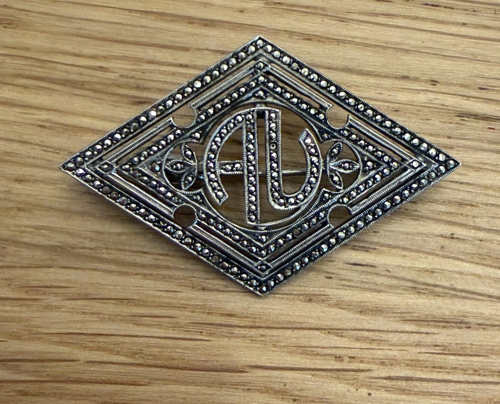 Vintage Art Deco Marsh & Son Sterling Silver Marcasite Monogram Brooch Pin AU AV