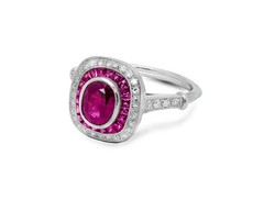 Art Deco Style Oval Ruby & Lab Created Diamond 14K White Gold FN Engagement Ring