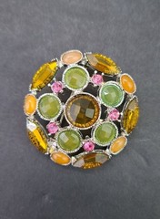 Vintage Round Rhinestone Brooch Green Amber Pink Statement Pin 1.75″ Varied