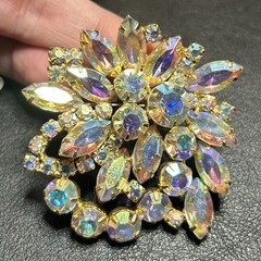 Antique VTG Aurora Borealis Rhinestone Big Brooch Pin Gold T