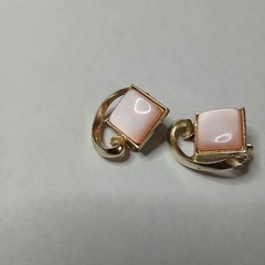 CHAREL Earrings Art Deco Clip Ons Mid Century Pink Moonglow Gold Tone Signed