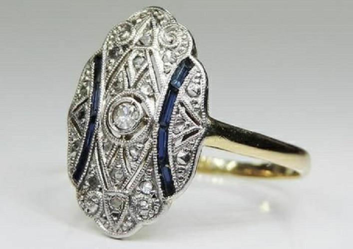 Vintage Style Art Deco Lab Created Diamond & Sapphire Wedding Ring In 925 Silver