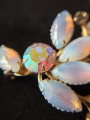 Vintage Unsigned Gold Tone Brooch Opalescent Jelly Navette AB Rhinestone Pin