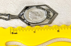 Vintage Silver Tone Hexagon Pendant 24″ Necklace w/ Clear Cameo Profile Resin