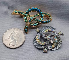 Two Vintage AB Crystal Pin Brooches Gold & Silver Tone Aqua & Clear AB Stones