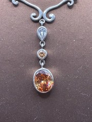 Sterling Silver Victorian Revival Necklace Orange Clear Stones Artisan Made 16.5