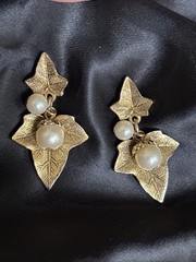 Vintage Ivy Leaves & Faux Pearls Stud Earring Stylized Drop Dangle Earrings