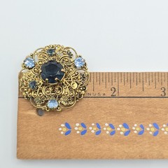 VTG Blue Glass Rhinestone Brooch Czechoslovakia Filigree Gold Tone 1-7/16″ READ