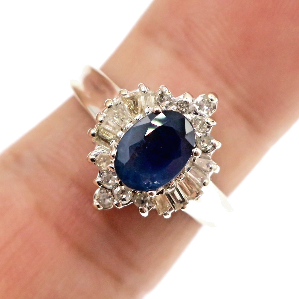 Classic 14k Solid White Gold Natural Blue Sapphire and Diamond Ring Size 6.75