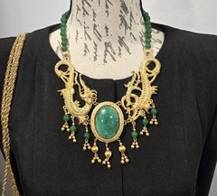 VTG Designer Dragon Statement Necklace, Gold-Tone Metal with Faux Jade Beads
