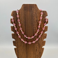 Vintage Flower Bead Necklace Pink Lucite Double Strand Gold Tone Findings Hippy