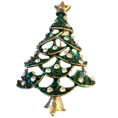 Christmas Tree Vintage Brooch Green Enamel Clear Rhinestones Cut-Outs