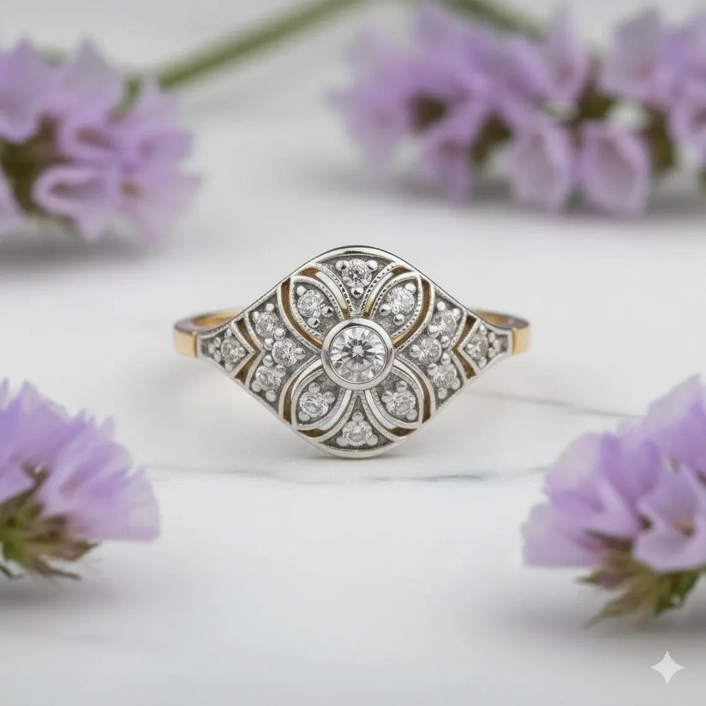 Art Deco Moissanite Cluster Vintage Floral Engagement Ring 935 Argentium Silver