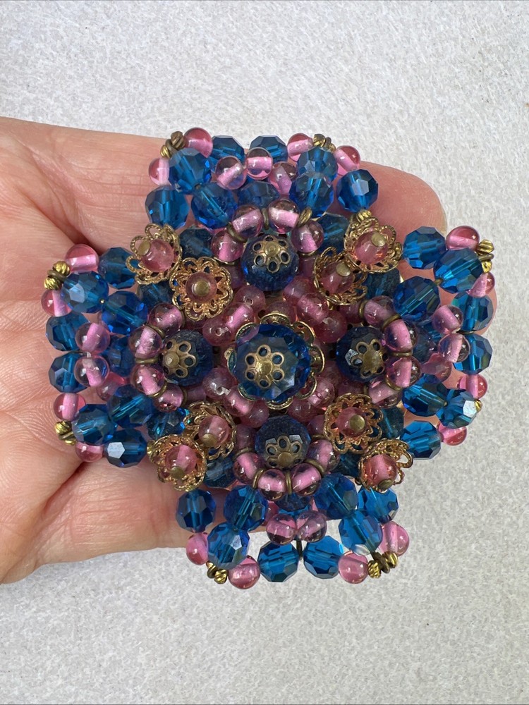 VTG Ruffled Wired Crystal & Brass Filigree Maltese Cross Brooch Vendome Style