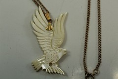 Vintage Hand Carved Shell Flying Eagle Pendant Necklace w/ Goldtone Alloy Chain