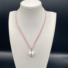 Vinatge Pink Ribbon Porcelain Heart Pendant Necklace Suede Cord Toggle