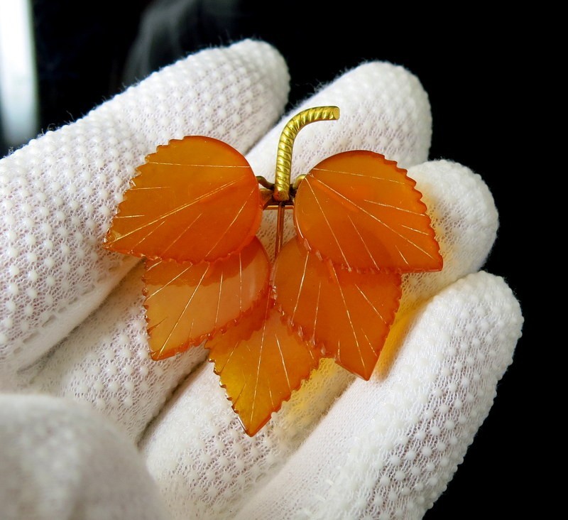 Vintage Soviet Baltic Amber Leaf Brooch Gilt Pin USSR + Gold Plated