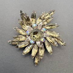 Vintage Smoky Gray Crystal Floral Swirl AB Crystals Brooch Silver Tone Prong Set