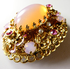 Vintage West Germany Opaline Pink Glass & Rhinestone Filigree Pin Brooch Oval