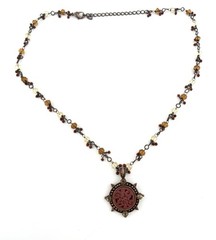 Vintage Style Copper Tone Carved Pendant Beaded Necklace Amber Red Crystals