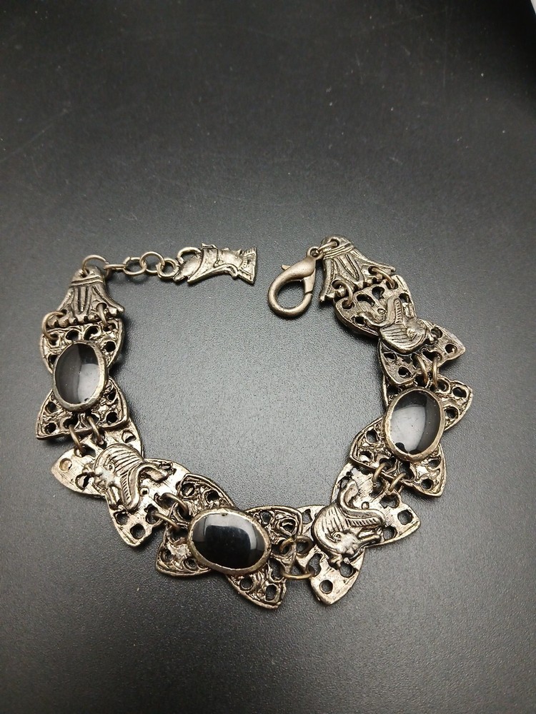 VINTAGE antiqued silvertone black enamel Egyptian design panel links bracelet