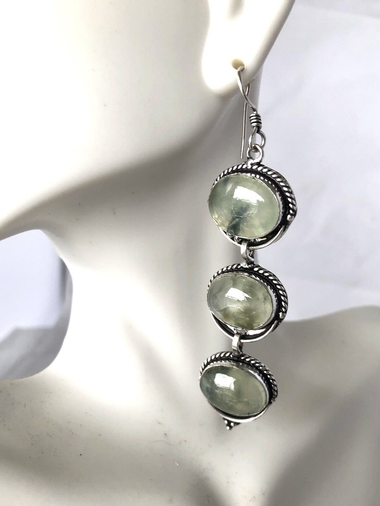 Vintage Prehnite 925 Silver French Hooks Earrings 3”