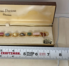 Unique Mid Century Semi Precious Genuine Stones Gold Tone Link Bracelet & Case