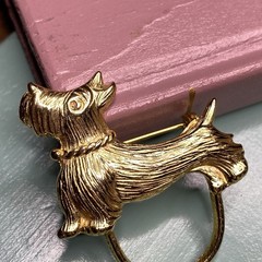 Vintage Scarf Ring Clip Gold Scotty Dog Jewelry Brooch Pin Scottish Terrier
