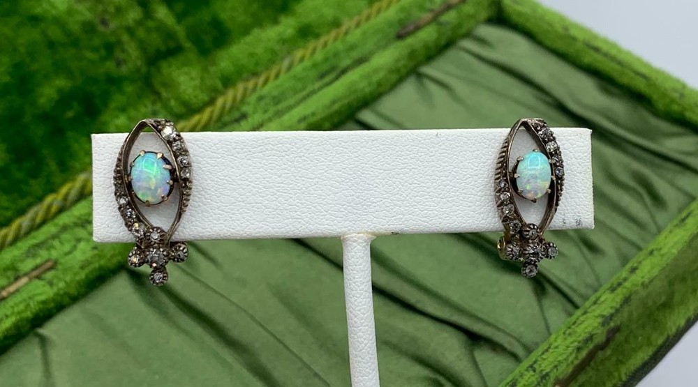 Art Deco Opal Rose Cut Diamond Earrings 14 Karat Gold Antique