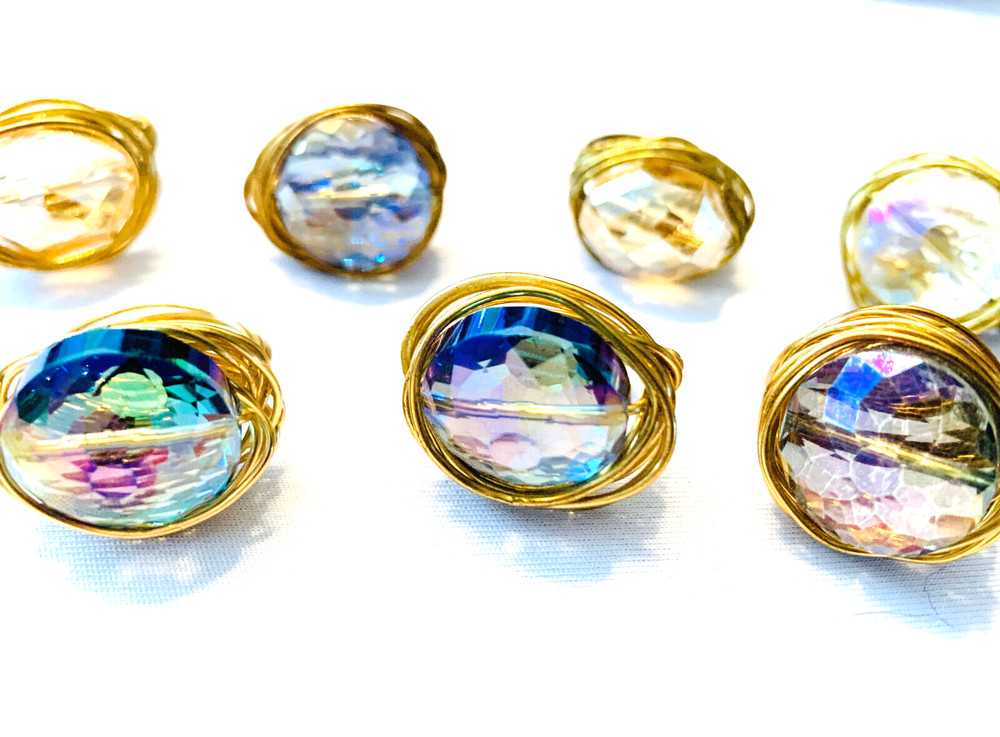 Lot 7 Handmade AB Mystic Topaz Style Glass Bead Brass Wrapped Party Bling Rings