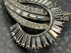 Vintage High End Celestial Crescent Silver Tone Baguette Rhinestone Brooch Pin