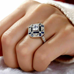 Antique Vinta Baguette Cut Sapphire & Lab-Created Diamond Wedding 925Silver Ring