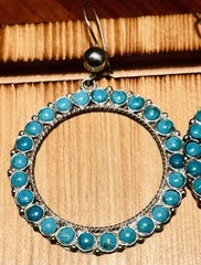 Vintage Marked Mexico Sterling Hoop Dangle Earrings Studded With Turquoise 8.8 G