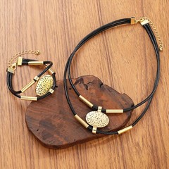 Vintage Oval Faux Leather Necklace Bracelet Set Women Gold Silver 2pc Jewelry