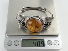 Vintage Sterling Silver Polish Baltic Amber Flower Setting Bangle Bracelet 7 In