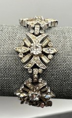 Vintage HIGH END Silver Tone Rhinestone Statement Bracelet Safety Chain READ