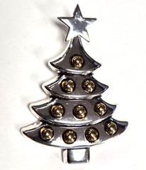 Vintage Signed BEST Silver Christmas Tree W/ Gold Ornaments Pendant Pin / Brooch