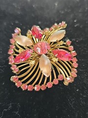 Vintage Prong Set Rhinestone Brooch Pin Pink Opalescent Cabochon Layered