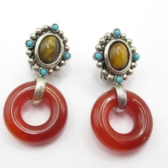 Graziano Clip On Earrings Carnelian Turquoise Tiger’s Eye Vintage Hoops Dangle
