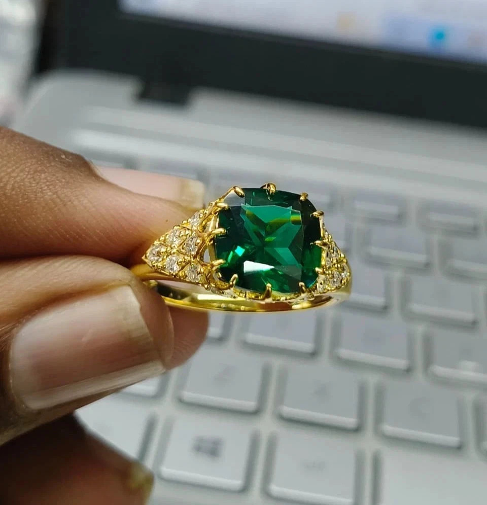 4Ct VVS1 Cushion Lab-Created Emerald & Diamond Men’s Engagement 14K Gold FN Ring