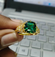 4Ct VVS1 Cushion Lab-Created Emerald & Diamond Men’s Engagement 14K Gold FN Ring