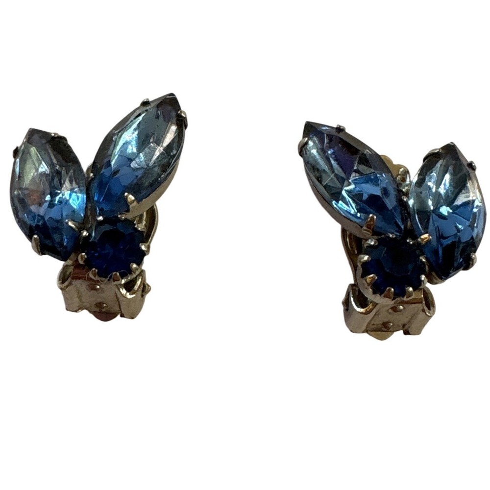 1960s Vintage Blue Rhinestone Clip On Earrings Cocktail Party Jewelry