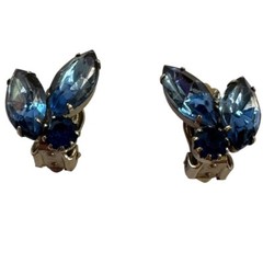 1960s Vintage Blue Rhinestone Clip On Earrings Cocktail Party Jewelry