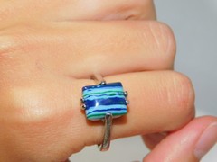 Banded Blue Glass Stone Silver tone Solitaire sz 10 Ring