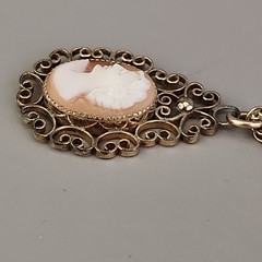 Vintage Shell Cameo Necklace Carla 14K Gold Filled Teardrop Scrollwork 18″